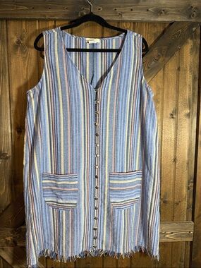 Sleeveless Striped Midi Dress with Front Buttons - Blue Multi cotton linen blend